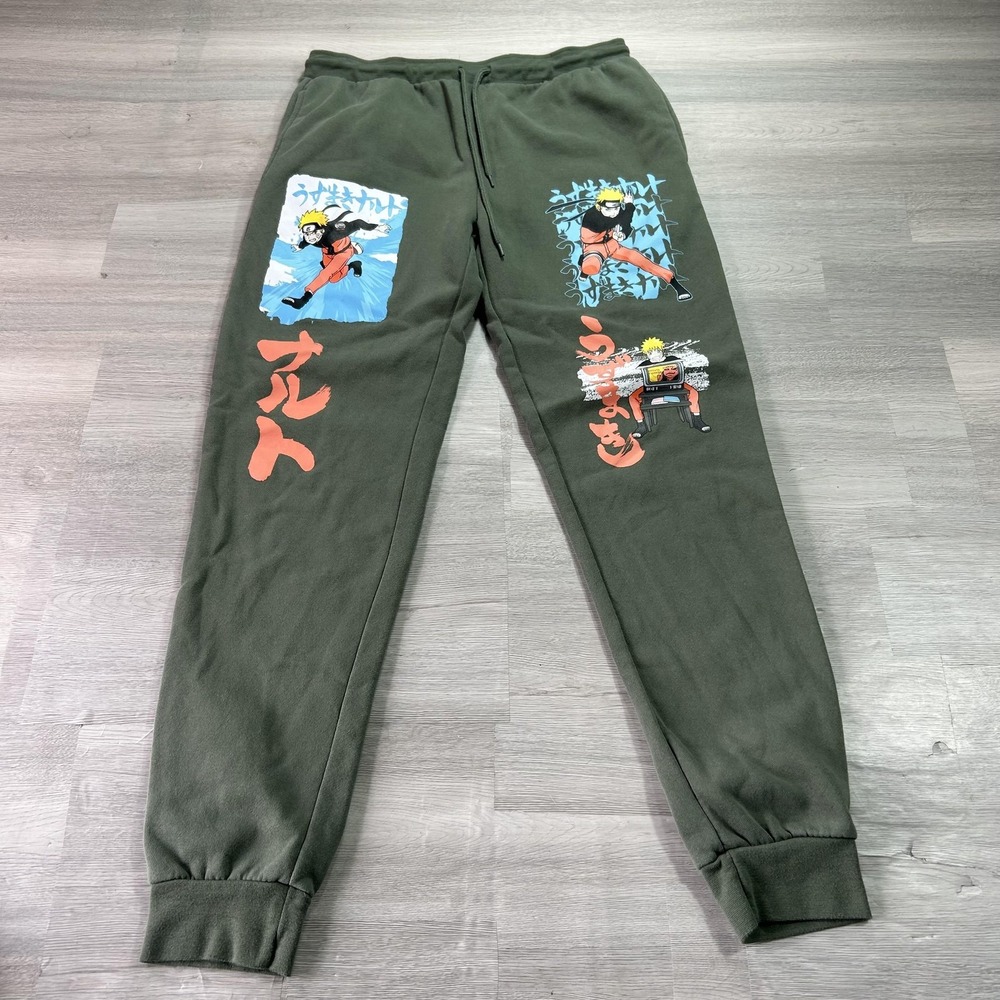 Naruto Sweatpants Mens Medium Green Fleece Jogger Elastic Waist Anime Graphic